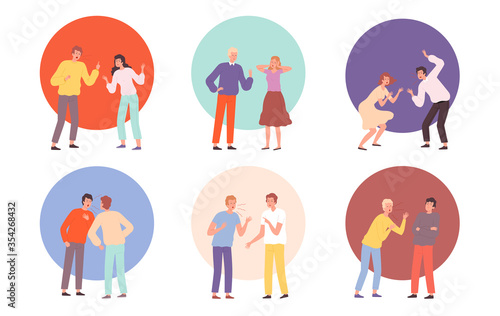 Conflict persons. Screaming people disrespect angry conversation quarrel of pairing brawl friends vector characters. People conflict, woman man quarrel, character angry and unhappy illustration