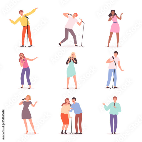 Karaoke singers. People have fun in music club solo concert persons vector male and female characters. Karaoke microphone, voice song illustration