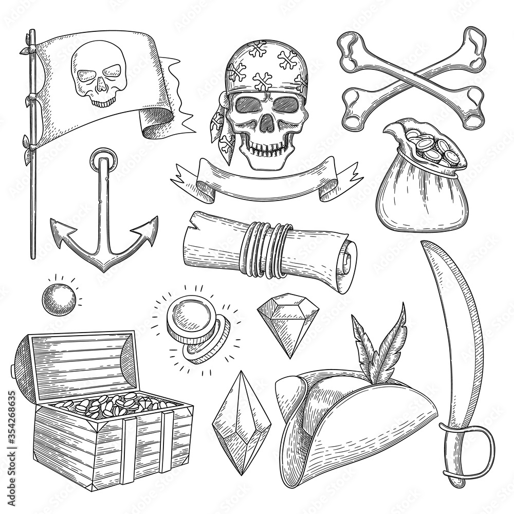 Pirate items. Ship sea adventure elements treasure chest cross