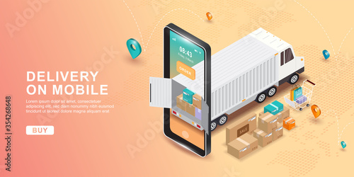 Online delivery service concept. Global logistics. Truck delivery to home and office. E-commerce. Truck shipping. Vector.