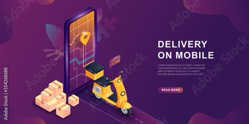 Mobile delivery service online app, vector isometric concept. Online delivery service concept. Smartphone screen with map and gps sign. Shopping online service on scooter or motorbike.