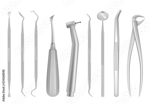 Dental clinic tools. Medical items for dentists oral inspection tooth vector realistic chrome instruments. Medical dental equipment, dentist mirror realistic for healthcare illustration