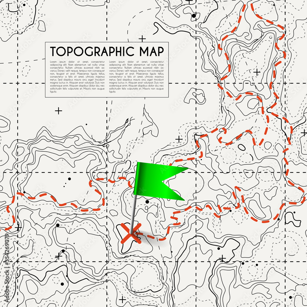 Obraz premium Fictional topographic map with pins and paths. Lined conceptual elevation map
