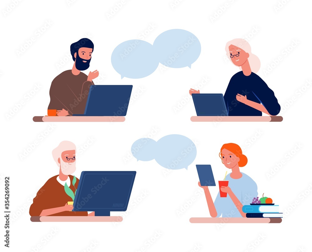 Calling to parents. Man woman talk with old mother and father. Call home, family online video conference vector illustration. Woman and man call to grandmother, family conference video