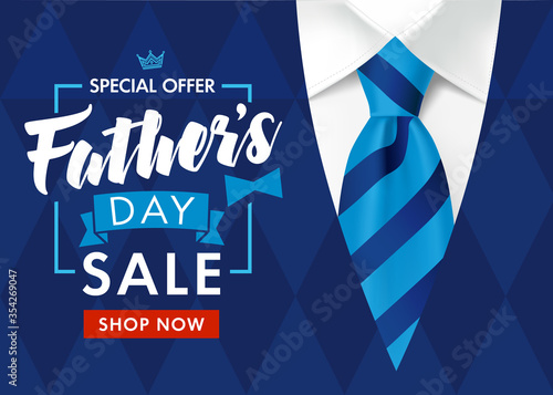 Father`s Day special offer SALE banner. Special offer Fathers Day sale promotion blue vector design with mens suit and striped necktie