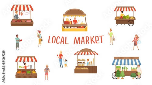 Local market. Food festival, sellers and customers. Summer street stalls vector illustration. Local market, stand kiosk with meat and milk