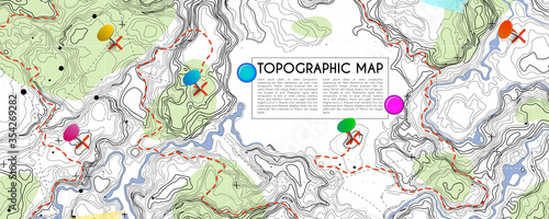 Fictional topographic map with pins and paths. Lined conceptual elevation map