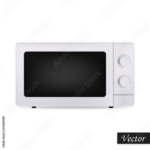 Microwave isolated on white background. Realistic white microwave.  Macro icon. Vector illustration 3D. Design element.