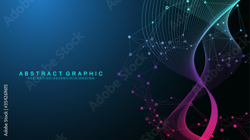 Big Genomic Data Visualization. DNA helix, DNA strand, DNA Test. CRISPR CAS9 - Genetic engineering. Molecule or atom, neurons. Abstract structure for Science or medical background, banner. Wave flow.