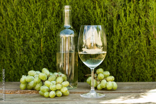 Botella de vino blanco junto a una copa con vino y racimos de uvas blancas sobre una mesa rústica al aire libre con un fondo de plantas. Vista de frente y de cerca. Copy space