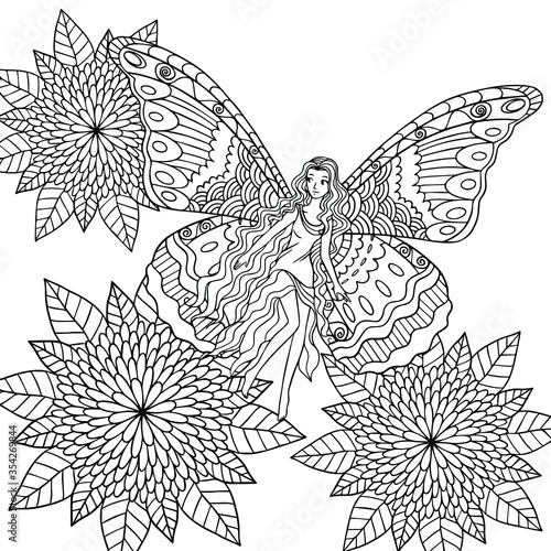 A fairy with butterfly wings is among flowers. Coloring book page illustration. Fairy tale line art for print, decoration, books. 