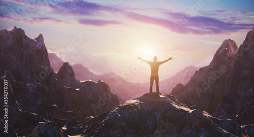 Hiker with arms up outstretched on mountain top looking at inspirational landscape. Inspiration and travel concept. 3d rendering