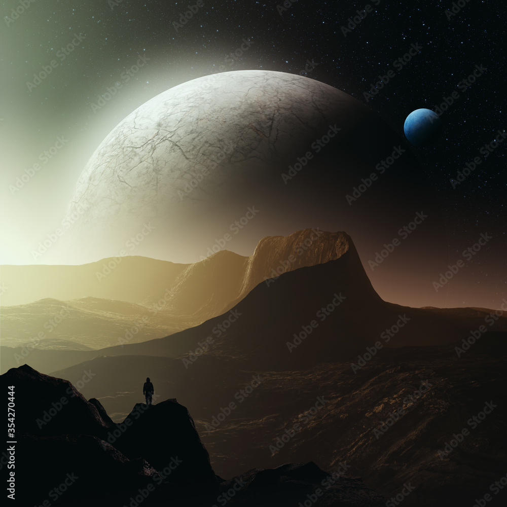 man exploring alien planet, science fiction space exploration 3d illustration