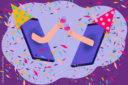 Social distancing during coronavirus prevention. Concept of communications in self isolation. Hand happy person's with glasses of wine at birthday party organized by their smartphones. Stay at home