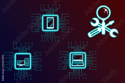 Repair, maintenance of digital, video and computer equipment - a symbol in the form crossed screwdriver, wrench and magnifier