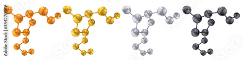 Abstract composition of a molecular lattice. Molecules of gold, silver, black coal, copper. Science and technology concept. Set of vector 3d illustrations on a white background.