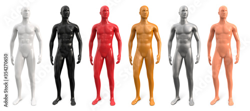 Male plastic standing naked mannequin for clothes. White, black, red, silver, gold, biege colors. Decor showcases fashion store. Vector 3d realistic illustration isolated on white background.