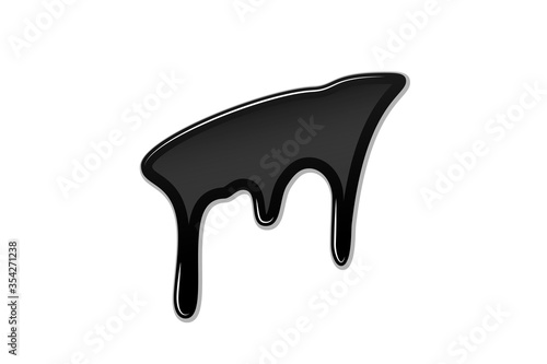 Drip paint 3D. Ink stain. Drop melt liquid isolated on white background. Splash of chocolate, oil, blood. Black graffiti. Splatter syrup, candy sauce, caramel. Vector illustration