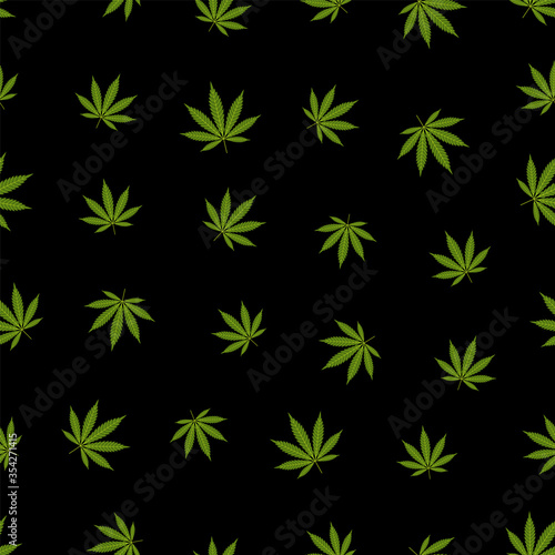 Cannabis seamless pattern. Marijuana leaf, green weed plant. Hashish texture, isolated black background. Hemp psychedelic grass. Fabric print for medical wallpaper. Simple design Vector illustration