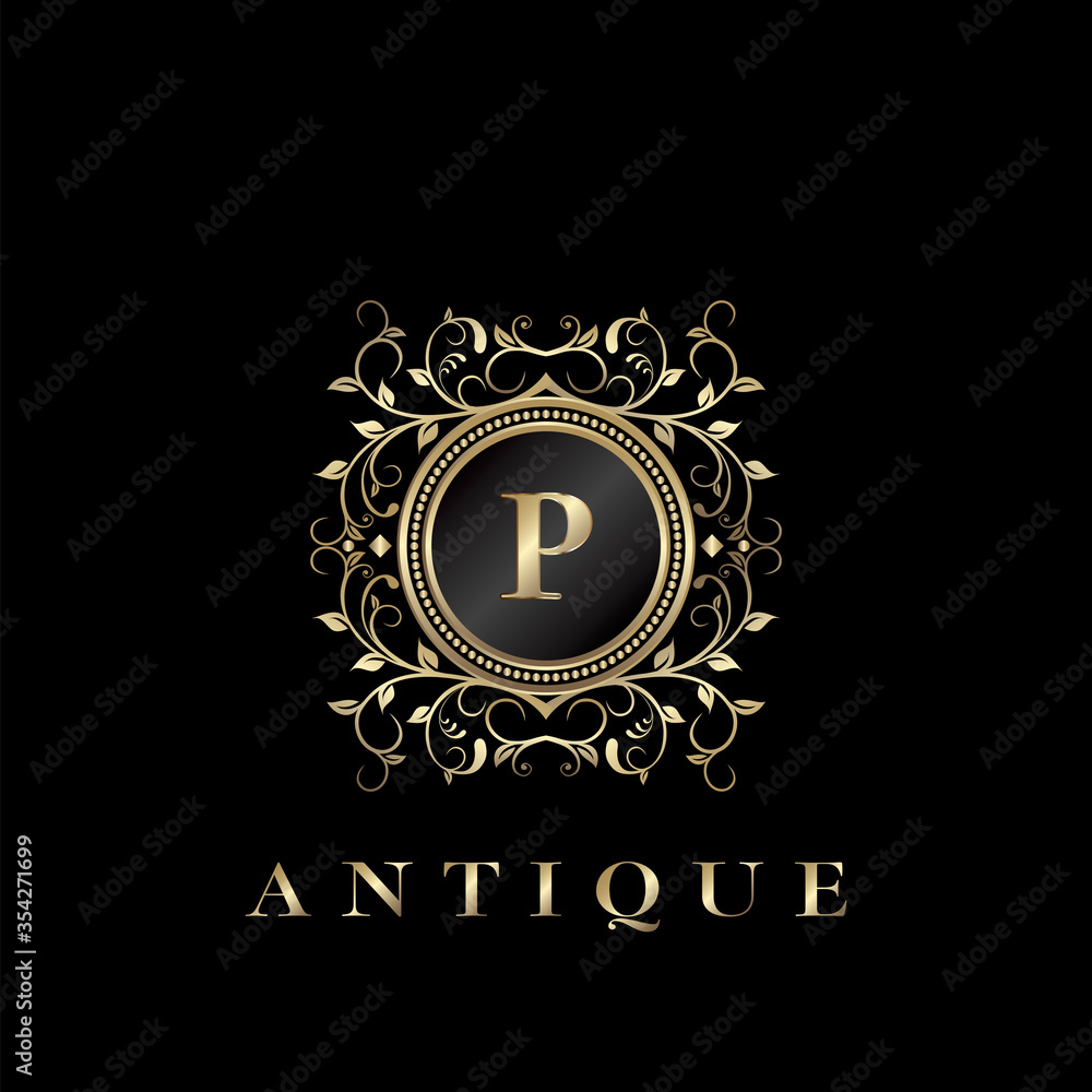 Fototapeta premium Circle Nature Leaf Luxury Letter P logo. Antique elegance vector design floral ornament on circle frame with gold vintage . Vector logo template, wedding labels and badges