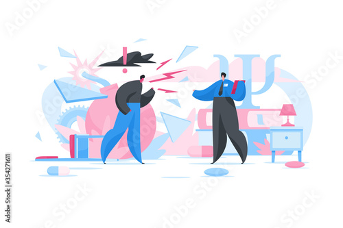 Angry man shouting in psychologist office. Flat vector illustration