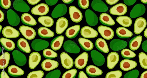 Seamless vector pattern with avocado on a black background. Loop animation 4K