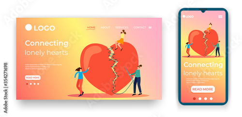 Connecting lonely hearts.People and a broken heart.Template for the user interface of the site's home page.Landing page template.The adaptive design of the smartphone.vector illustration.
