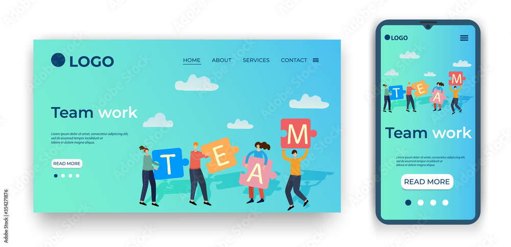 Team work.People hold puzzles in their hands.Template for the user interface of the site's home page.Landing page template.The adaptive design of the smartphone.vector illustration.