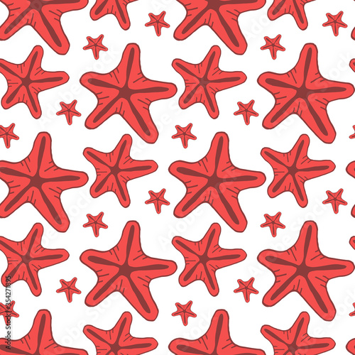 Seamless pattern with red starfish on white background. Vector image.