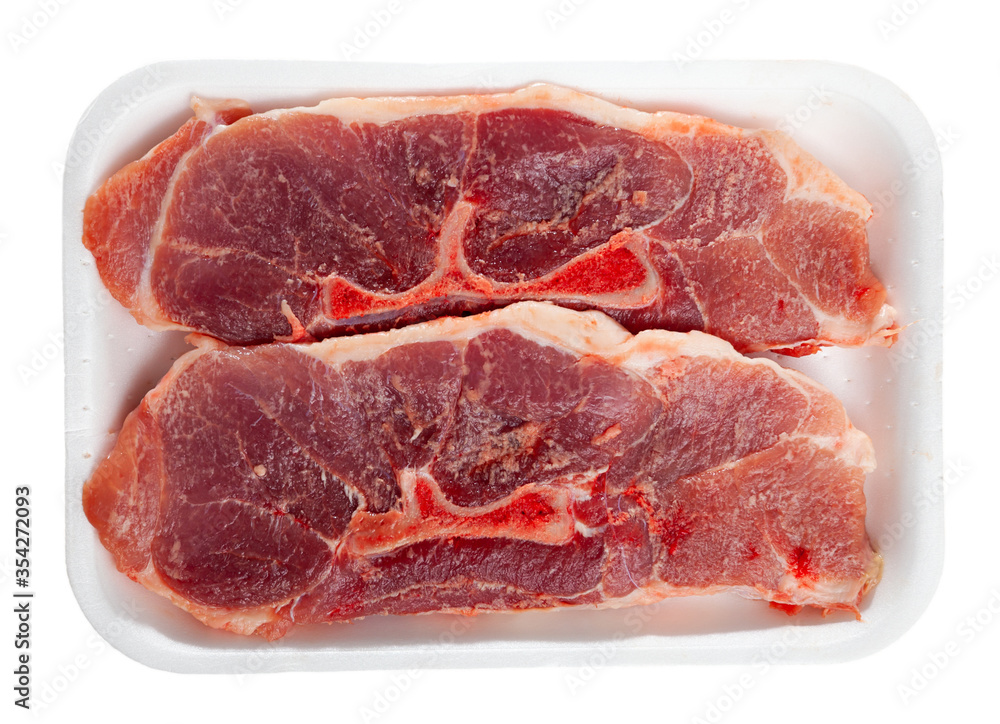 Raw pork shoulder on plastic tray