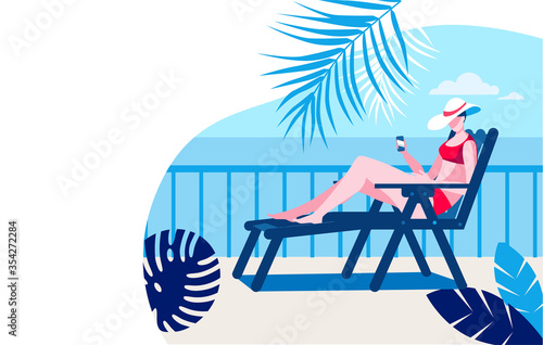 A girl in a bathing suit and hat with a phone in her hand is sunbathing on a terrace by the sea. Vector illustration in flat style. Template for a horizontal banner.