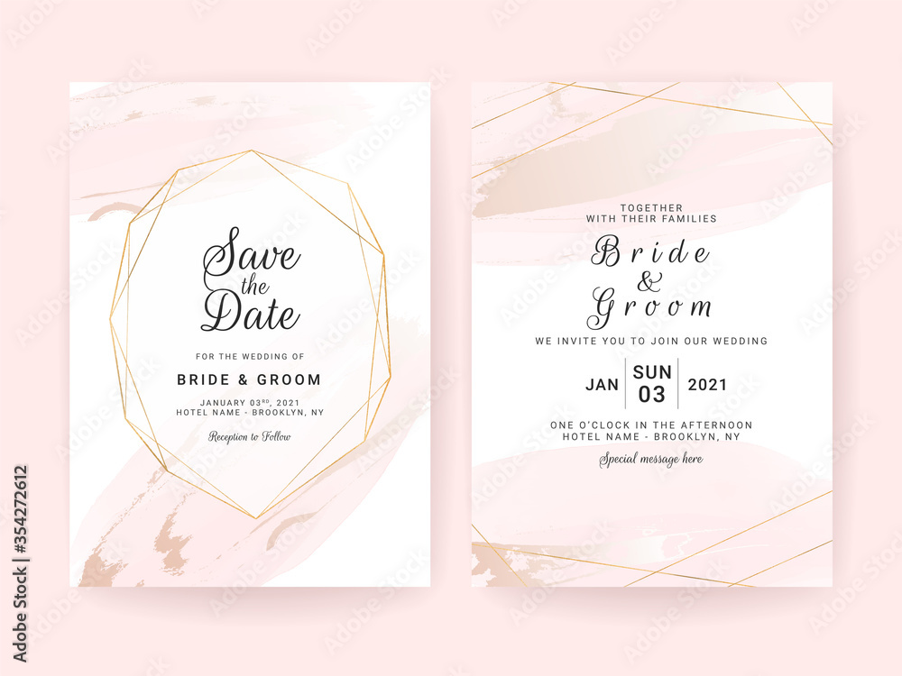 Elegant abstract background. Wedding invitation card template set with watercolor splash and geometric frame. Brush stroke for save the date, greeting, poster, and cover design