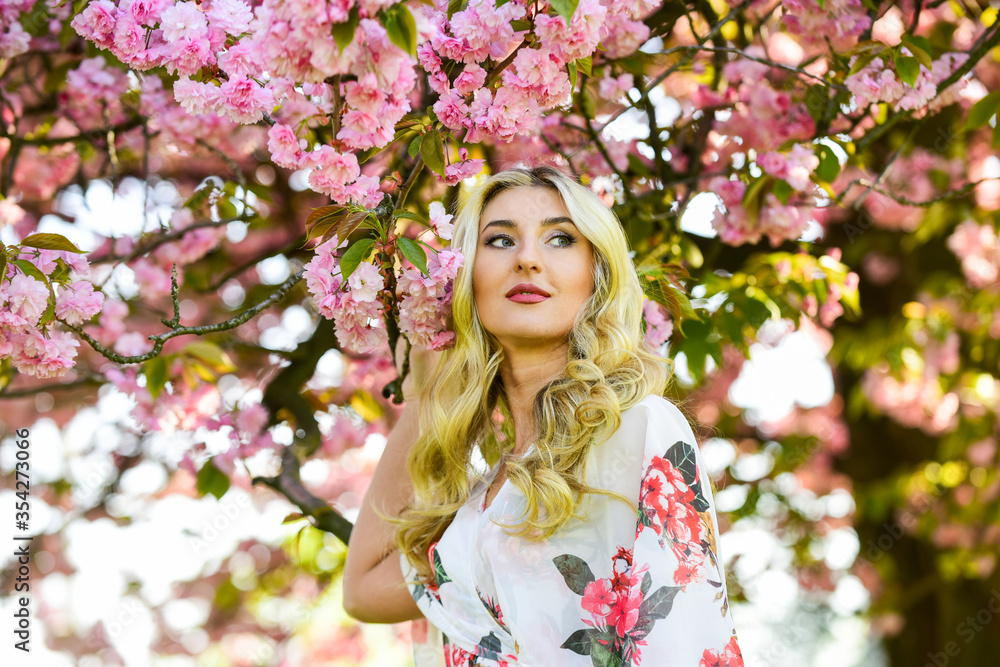Floral aroma. Harmony and female energy. Spring blossoming tree. Spring symbol. Reasons why flowers always make women happy. Happy spring day. Girl enjoy sakura in garden. Cherry tree. Good vibes Floral aroma. Harmony and female energy. Spring blossoming tree. Spring symbol. Reasons why flowers always make women happy. Happy spring day. Girl enjoy sakura in garden. Cherry tree. Good vibes