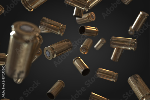 Photorealistic 3D illustration of Flying bullet shells on a black background.
