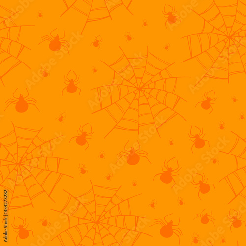 Halloween orange background with orange drawn spiders and spiderweb