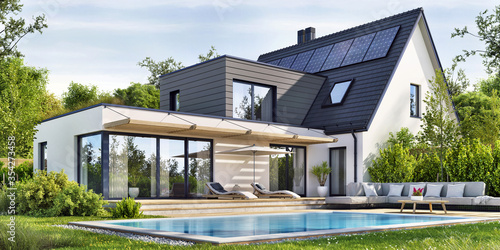 Beautiful modern house with solar panels and a swimming pool