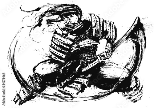A samurai with a katana in Japanese armor stands ready to use his weapon, standing in a low stance, his hair flying in the wind. 2D