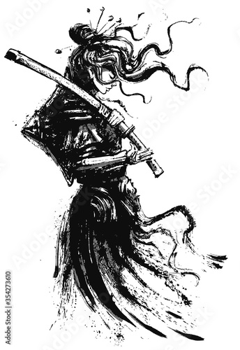A beautiful samurai girl in Japanese armor with a katana on her shoulder, standing in profile, drawn in ink, her hair flying in the wind. 2D illustration.