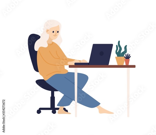 Relaxed barefoot woman use laptop sitting on armchair at table vector flat illustration. Smiling domestic girl working remotely isolated on white. Happy female surfing internet spending time at home