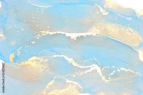 Blue, turquoise ink wash, marble and gold abstract background texture. Ocean waves and sand imitation. Ink art.