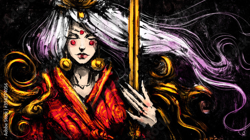 Slika na platnu A beautiful Chinese girl in a kimono with patterns, holding a sword in her hands, her hair flying in the wind, painted in ink