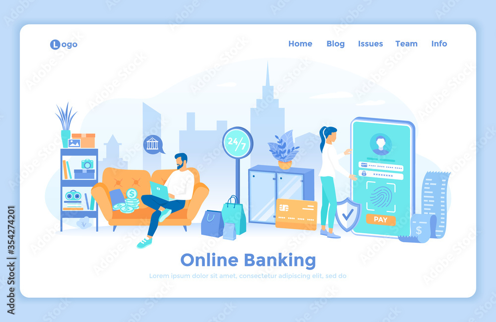 Online internet Banking, mobile payments. Fast easy securely money transactions. Man using laptop for online banking, accounting. Woman pays via phone. landing web page template decorated with people.