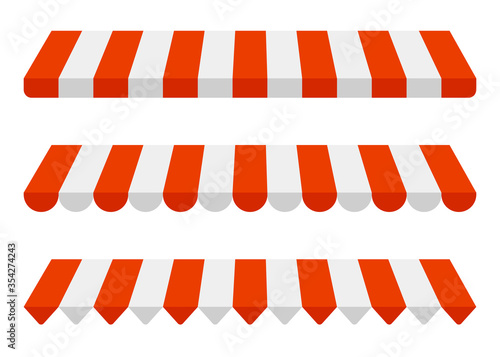 Striped awning set, red and white sunshade mockup. Canopy for shops, stores, hotels, cafes and street restaurants. Outside tent roof, canopy from the sun. Vector template illustration