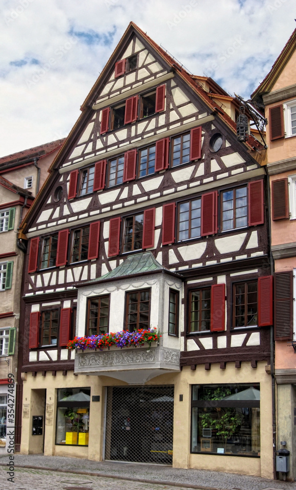 Stuttgart, old town, Tubingen region, Germany. Motley colorful traditional german bavarian houses along street.