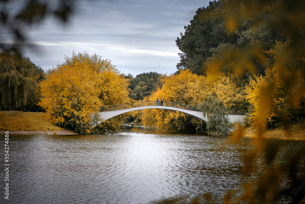 Golden autumn and bridge over the lake in the publuc park
