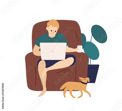 Relaxed man surfing internet use laptop sit on armchair vector flat illustration. Freelancer male working remotely at home isolated on white. Domestic modern guy resting holding computer and cup