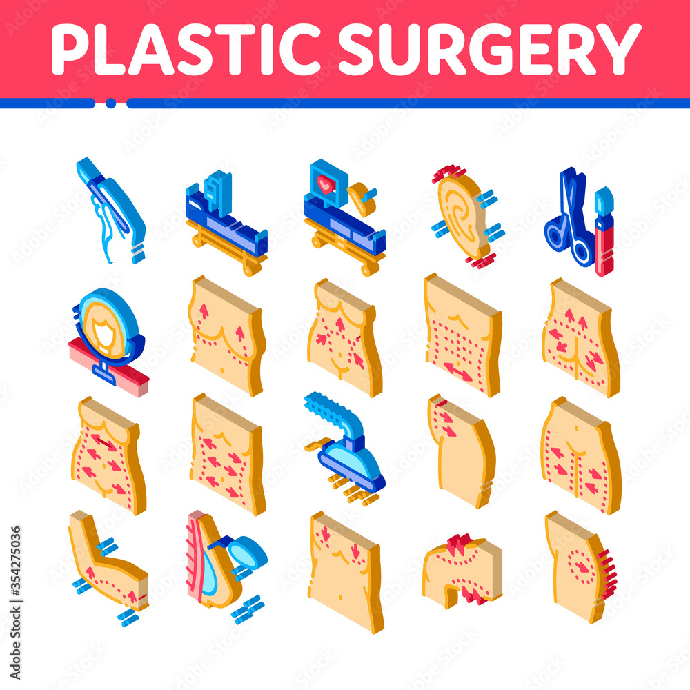 Plastic Surgery Clinic Icons Set Vector. Isometric Scissors And Scalpel Doctor Instrument, Breast And Abdomen Tightening Plastic Surgery Illustrations