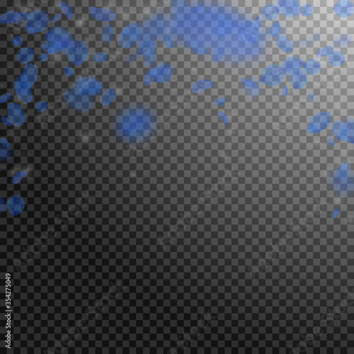 Dark blue flower petals falling down. Ravishing ro