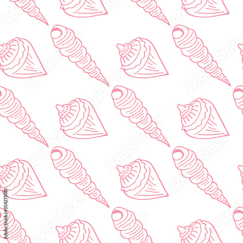 Seamless pattern with pink sea shells on white background. Vector image.
