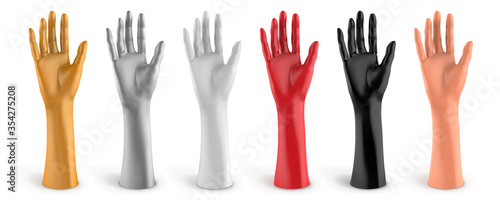 Mannequin of plastic female hand white, black, gold, silver, red, beige color. Jewelry holder. Palm of hand. Vector 3d realistic illustration on a white background.